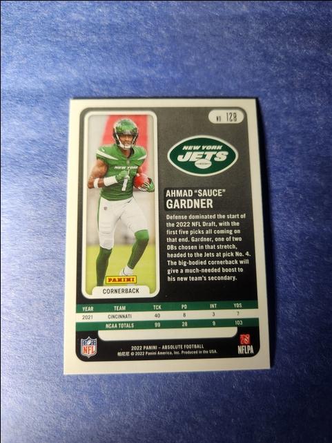 Ahmad Sauce Gardner 2022 Panini Absolute Football Rookie Card No 128 (Jets)