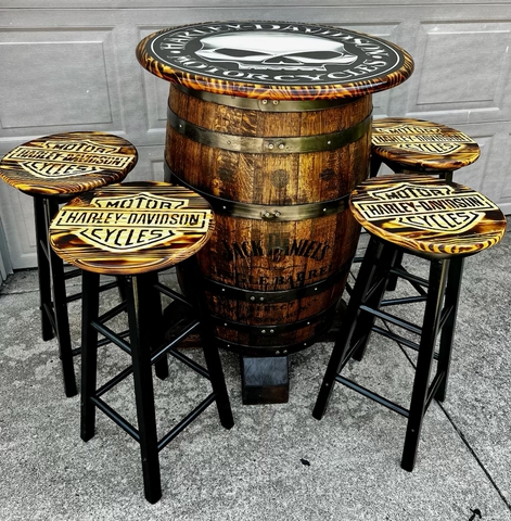 Whiskey barrel discount table and chairs