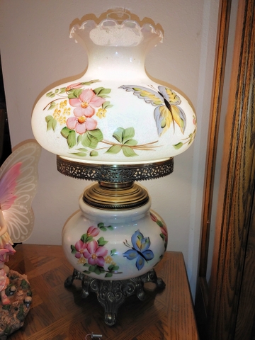 Extra Large 1940 Hurricane Lamp Double Collar Hand Painted Excellent!