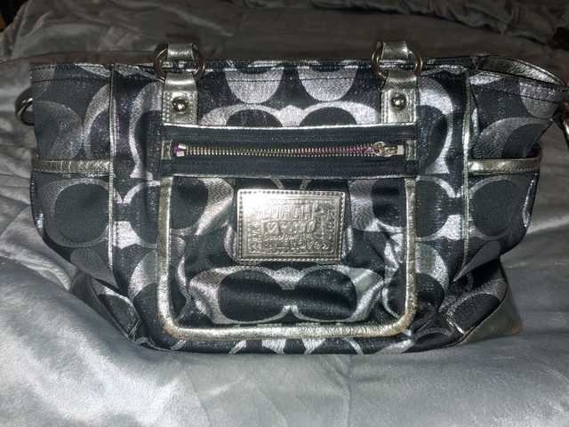 Coach Purse: Beige Silver Leather Trim Starfish Handbag & Towel
