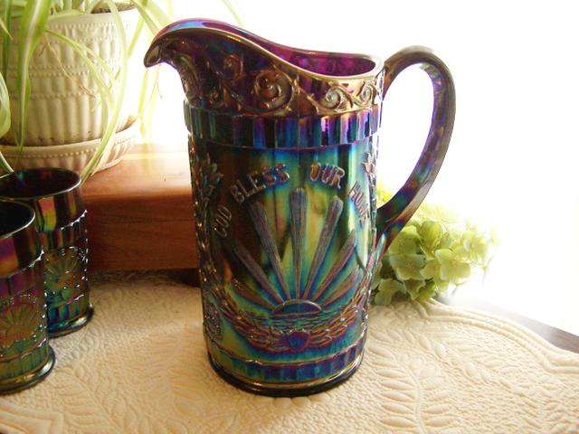 L.G. Wright God and Home Water Set Dark Carnival Glass Made by Mosser Glass  Pitcher and 6 Tumblers 