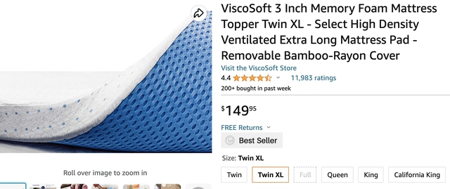 ViscoSoft 3 Memory Foam Mattress Topper Twin Select High Density Ventilated Pad